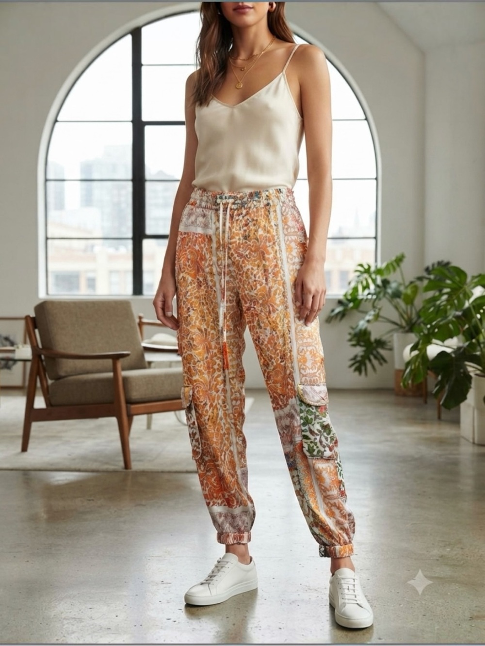 Johnny Was Biya Silk Orange Patchwork Print Jogger Pants Size L